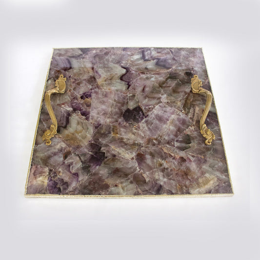 Amethyst Agate Serving Tray With Brass Handles | Square