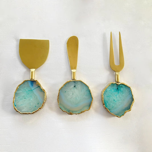 Set of 3 Aqua Agate Cheese Knives/Spreaders