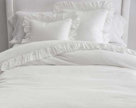 White - 100% Pure Linen | Linen Cotton Mix | 3 Piece Ruffle Duvet Cover Set | Handmade | Pre-washed | Soft